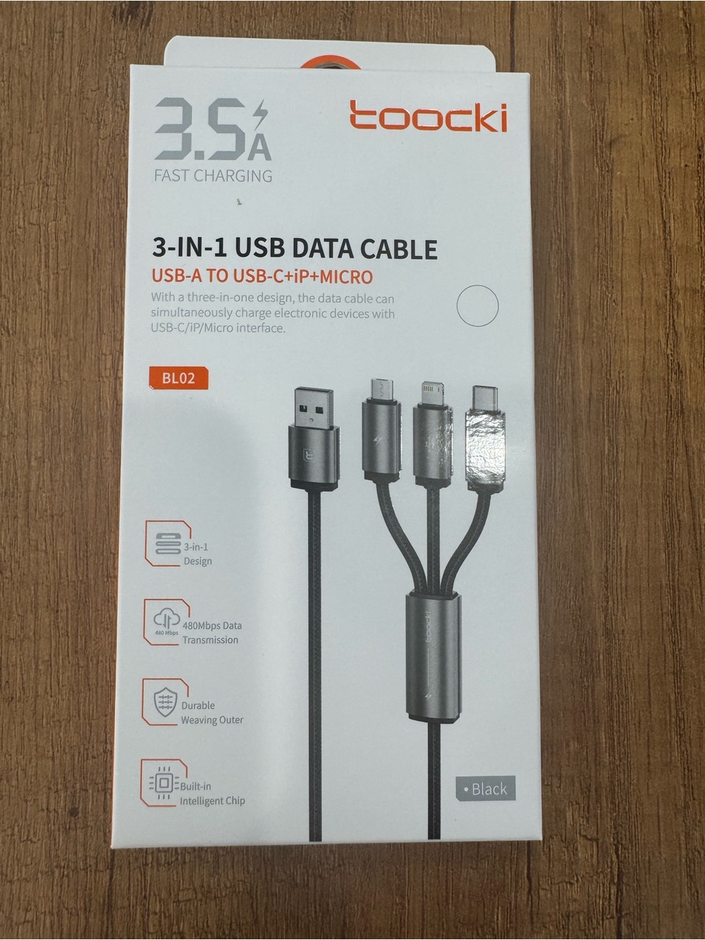Black 3-in-1 USB Data Cable - USB-A to USB-C/iP+Micro